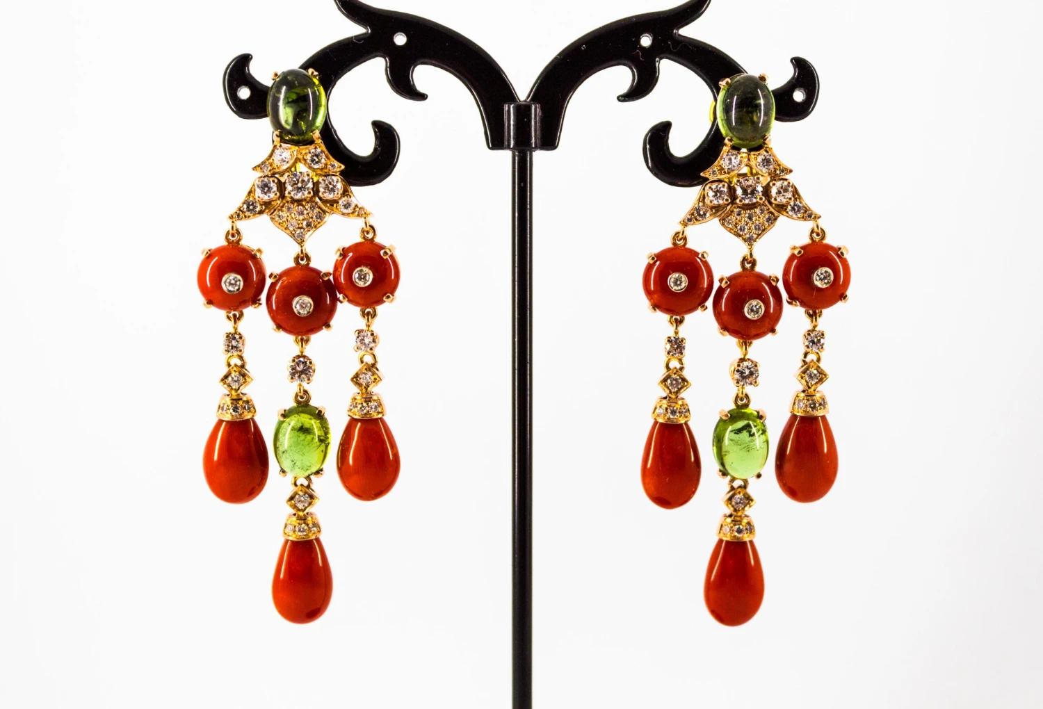 Mediterranean Red Coral White Diamond Green Tourmaline Yellow Gold Drop Earrings 11 Mediterranean Red Coral White Diamond Green Tourmaline Yellow Gold Drop Earrings – Image 9
