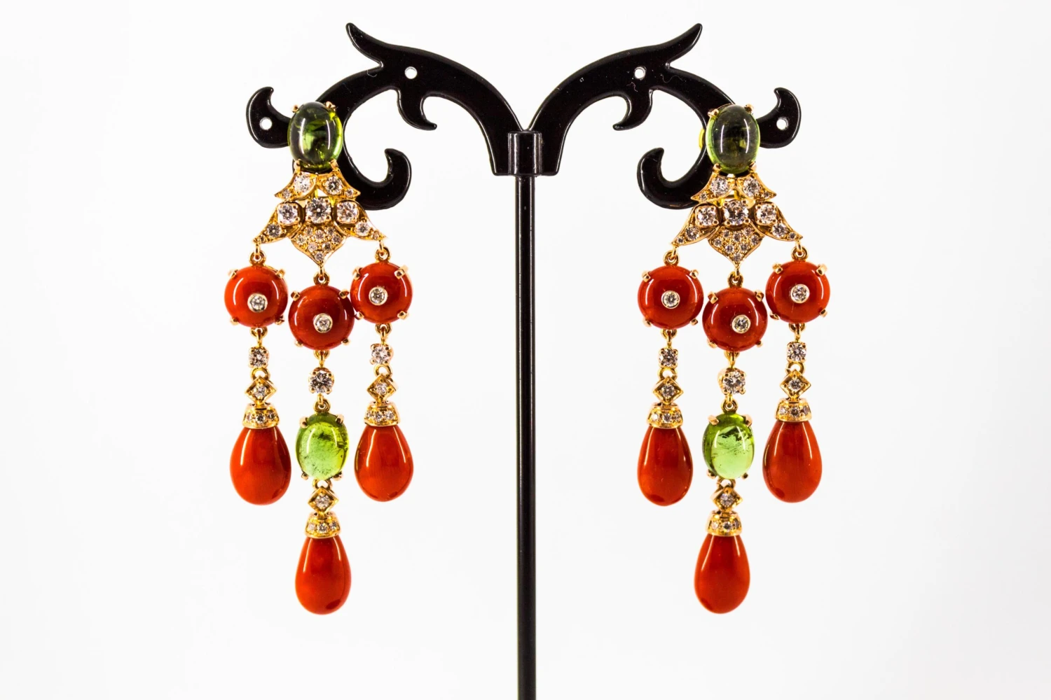 Mediterranean Red Coral White Diamond Green Tourmaline Yellow Gold Drop Earrings 12 Mediterranean Red Coral White Diamond Green Tourmaline Yellow Gold Drop Earrings – Image 10