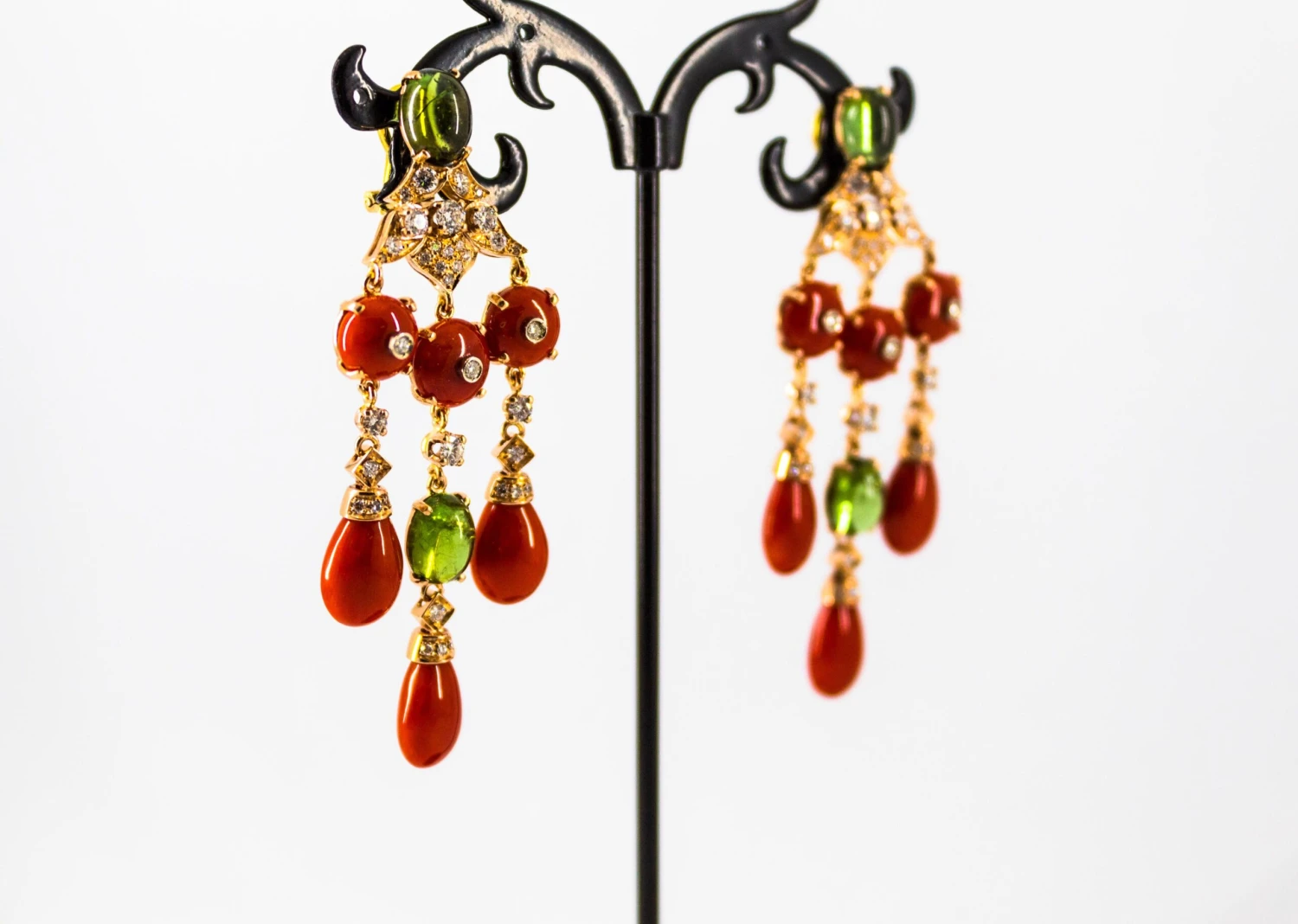 Mediterranean Red Coral White Diamond Green Tourmaline Yellow Gold Drop Earrings 13 Mediterranean Red Coral White Diamond Green Tourmaline Yellow Gold Drop Earrings – Image 11