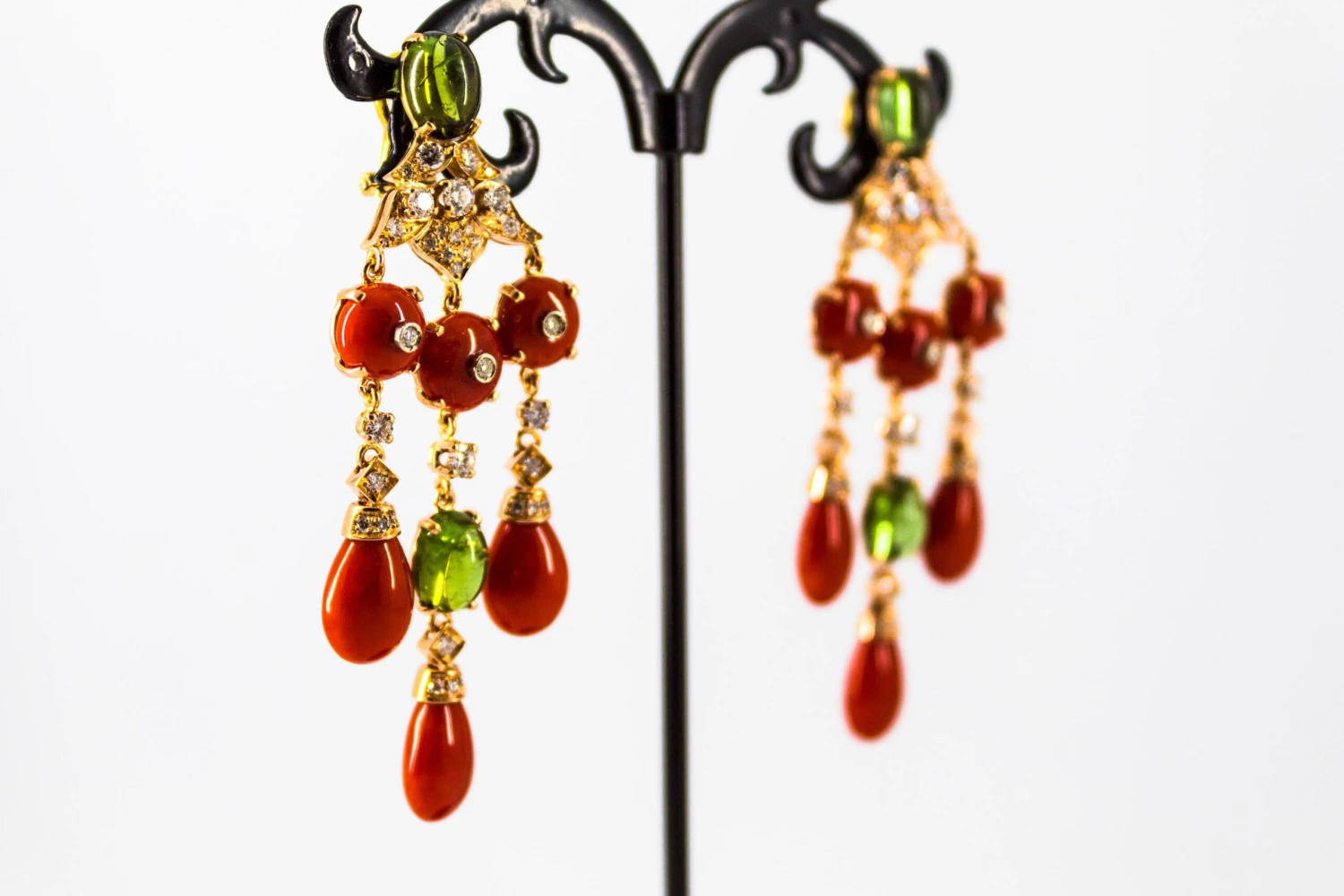 Mediterranean Red Coral White Diamond Green Tourmaline Yellow Gold Drop Earrings 14 Mediterranean Red Coral White Diamond Green Tourmaline Yellow Gold Drop Earrings – Image 12