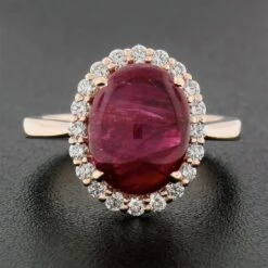 New 14k Gold 5.36ctw GIA No Heat Oval Cabochon Burma Ruby & Diamond Halo Ring -Mode Bijouterie Magasin IMG 4087 marked master