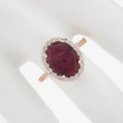 New 14k Gold 5.36ctw GIA No Heat Oval Cabochon Burma Ruby & Diamond Halo Ring -Mode Bijouterie Magasin IMG 4105 marked master