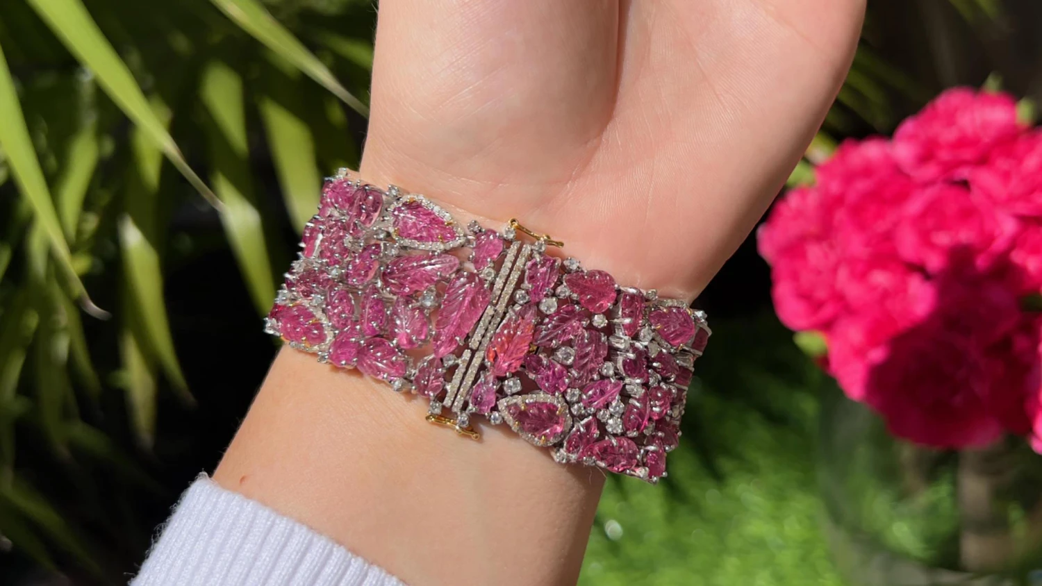 Unknown Hand Carved Pink Tourmaline Bracelet Set With Diamonds 82 Carats Total 7 Unknown Hand Carved Pink Tourmaline Bracelet Set With Diamonds 82 Carats Total – Image 5