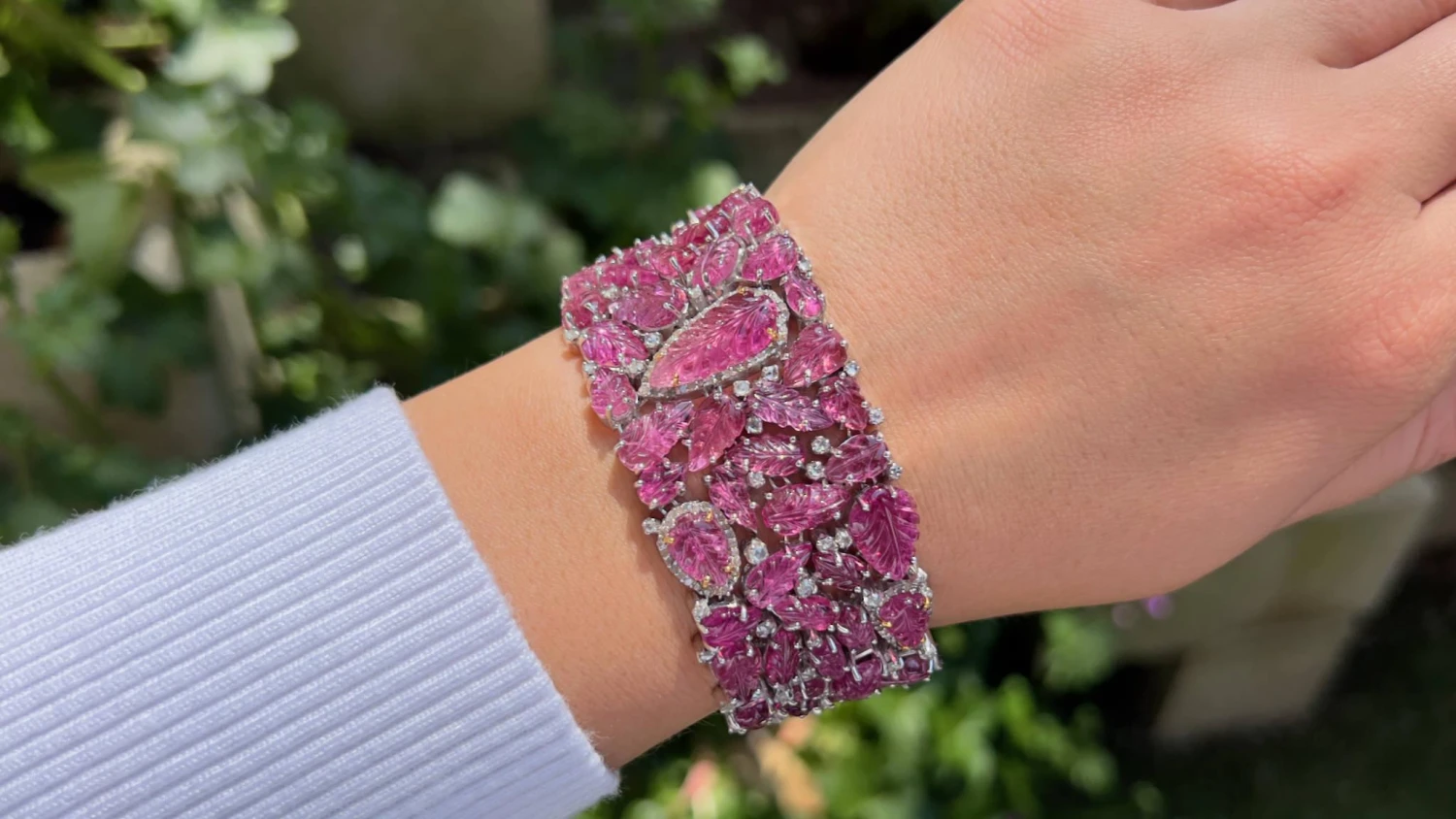 Unknown Hand Carved Pink Tourmaline Bracelet Set With Diamonds 82 Carats Total 4 Unknown Hand Carved Pink Tourmaline Bracelet Set With Diamonds 82 Carats Total – Image 2