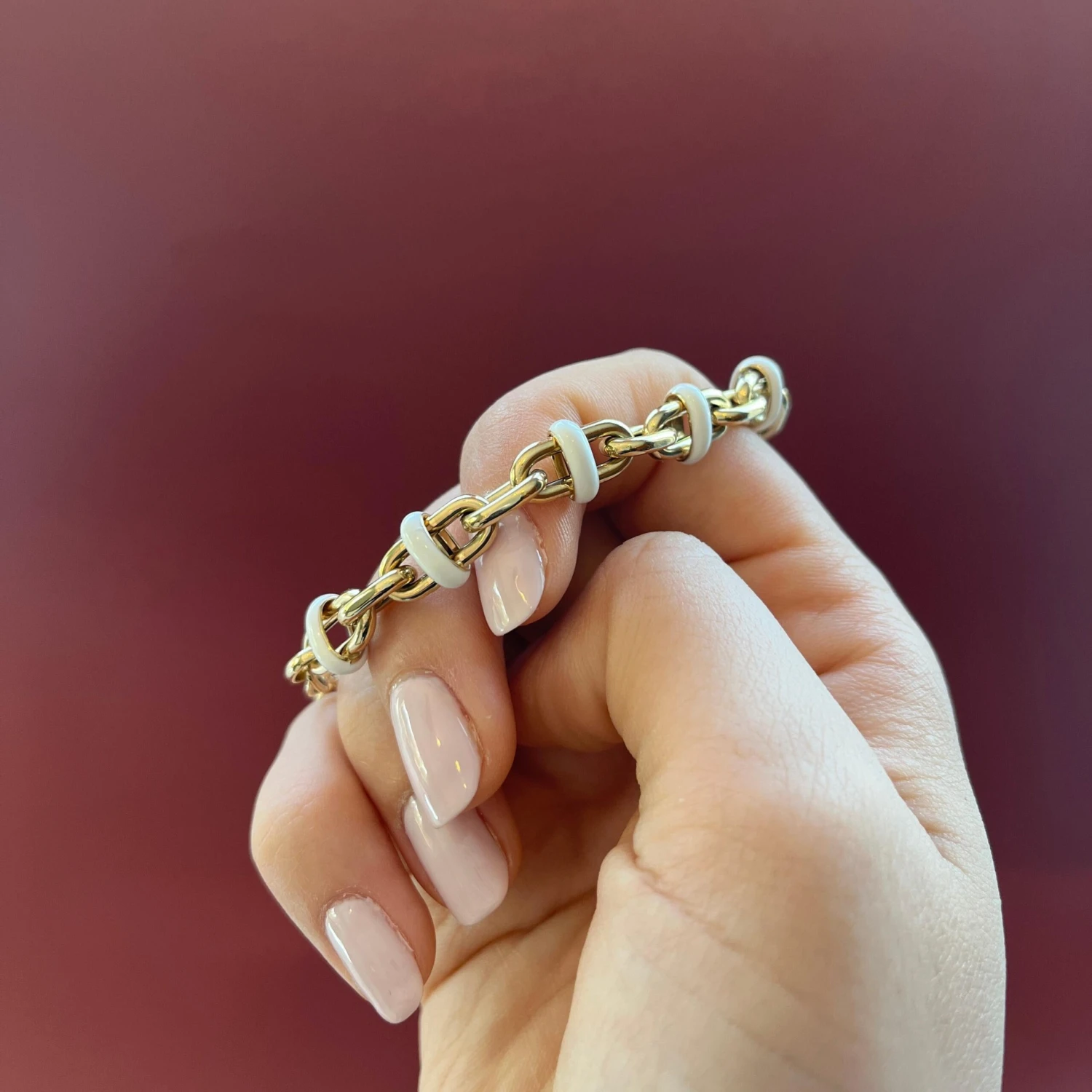 Alberto White Enamel Funky Link Bracelet 14k Yellow Gold 5 Alberto White Enamel Funky Link Bracelet 14k Yellow Gold – Image 3