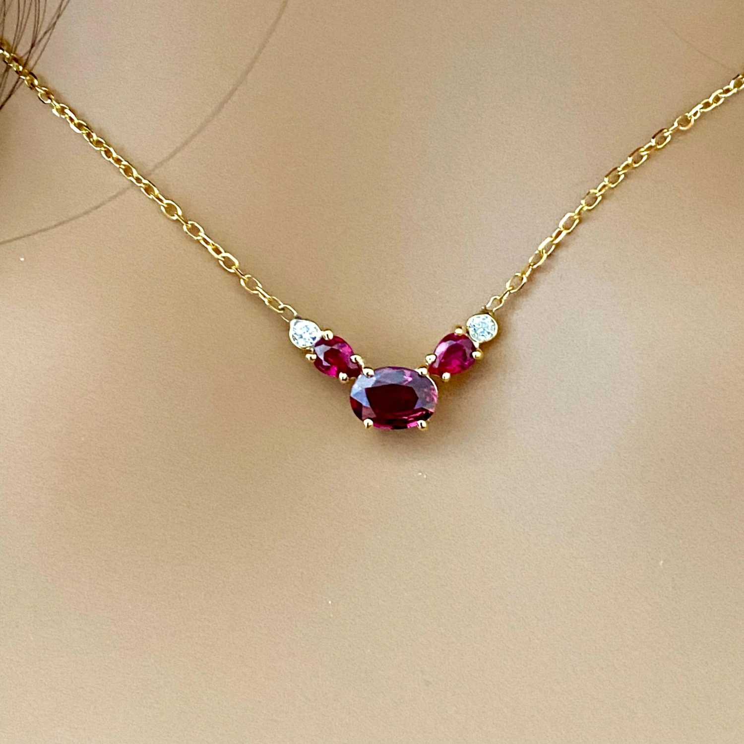 Three Burma Red Rubies Two Bezel Diamonds Yellow Gold Pendant Necklace 9 Three Burma Red Rubies Two Bezel Diamonds Yellow Gold Pendant Necklace – Image 7