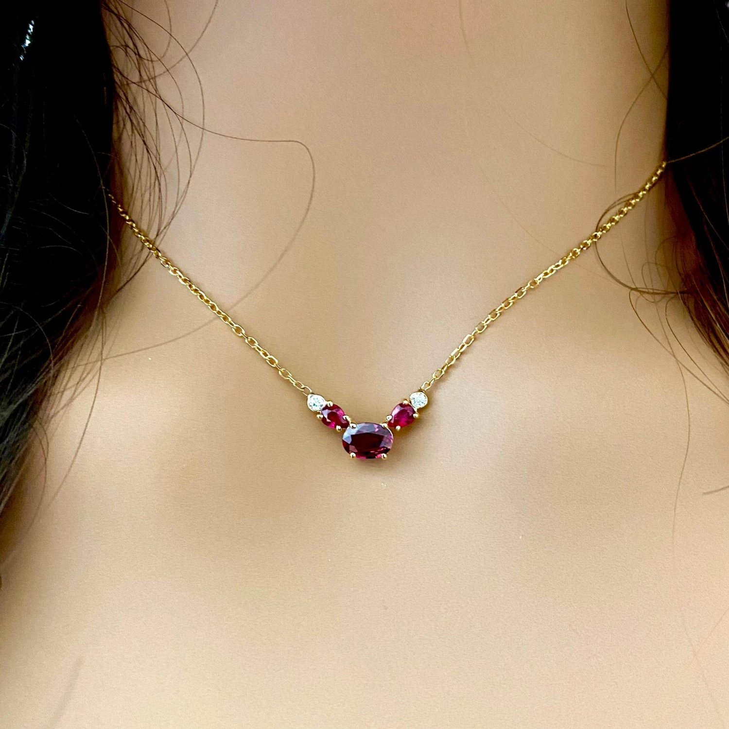Three Burma Red Rubies Two Bezel Diamonds Yellow Gold Pendant Necklace 11 Three Burma Red Rubies Two Bezel Diamonds Yellow Gold Pendant Necklace – Image 9