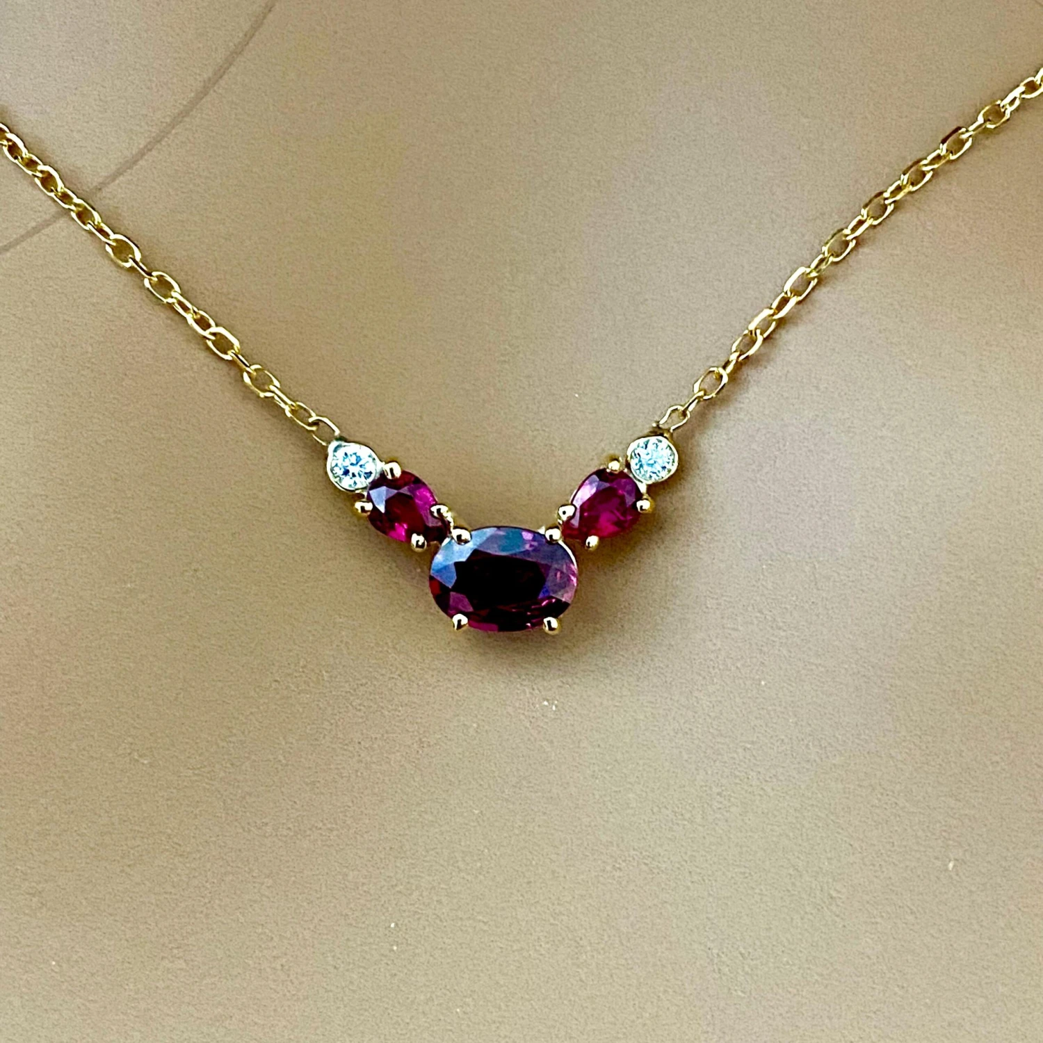 Three Burma Red Rubies Two Bezel Diamonds Yellow Gold Pendant Necklace 7 Three Burma Red Rubies Two Bezel Diamonds Yellow Gold Pendant Necklace – Image 5