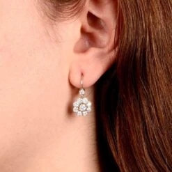 Unknown 1.60ct Round Cut Diamond Earrings, Clustered Diamond Halo, 18k Gold, Platinum -Mode Bijouterie Magasin Irvine Earrings 2 master