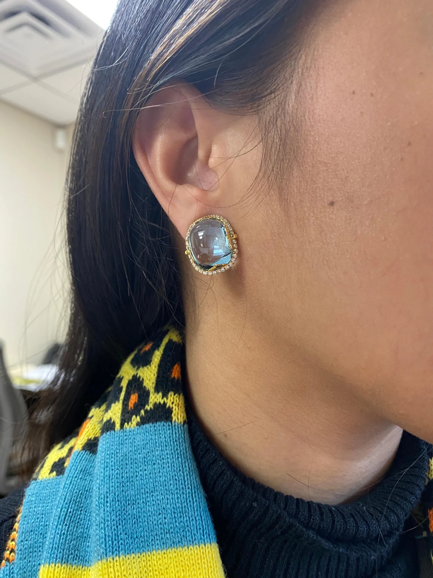 Goshwara Blue Topaz Cushion Cabochon With Diamond Earrings 4 Goshwara Blue Topaz Cushion Cabochon With Diamond Earrings – Image 2