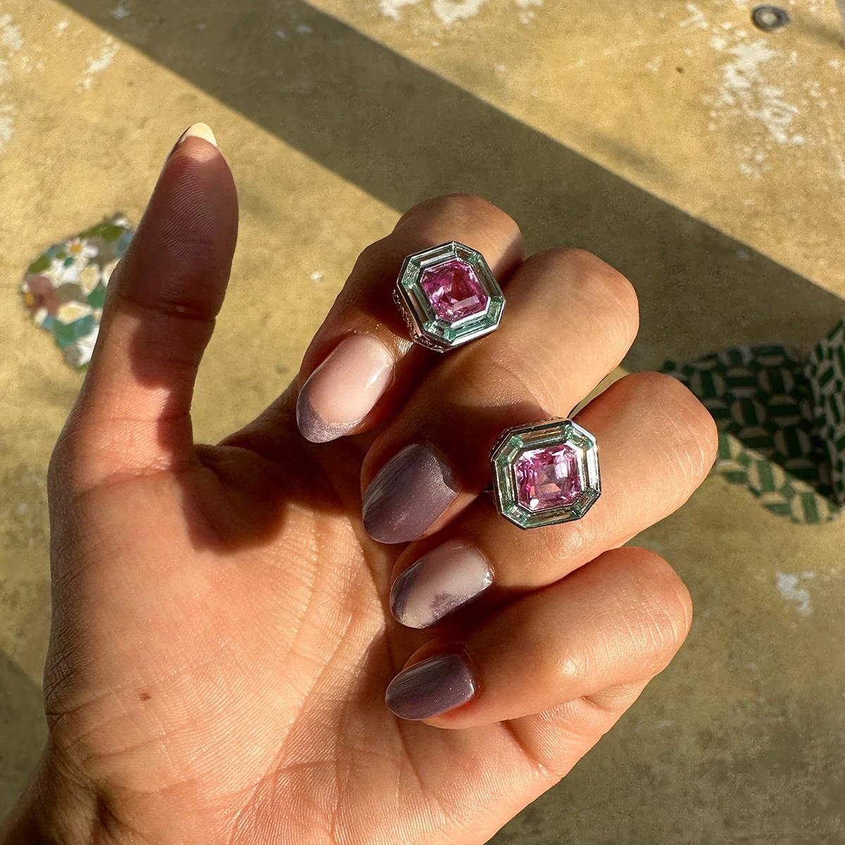 Luminous Asscher Stud Earrings, Pink & Green Sapphire, Silver, 5.40ct 6 Luminous Asscher Stud Earrings, Pink & Green Sapphire, Silver, 5.40ct – Image 4