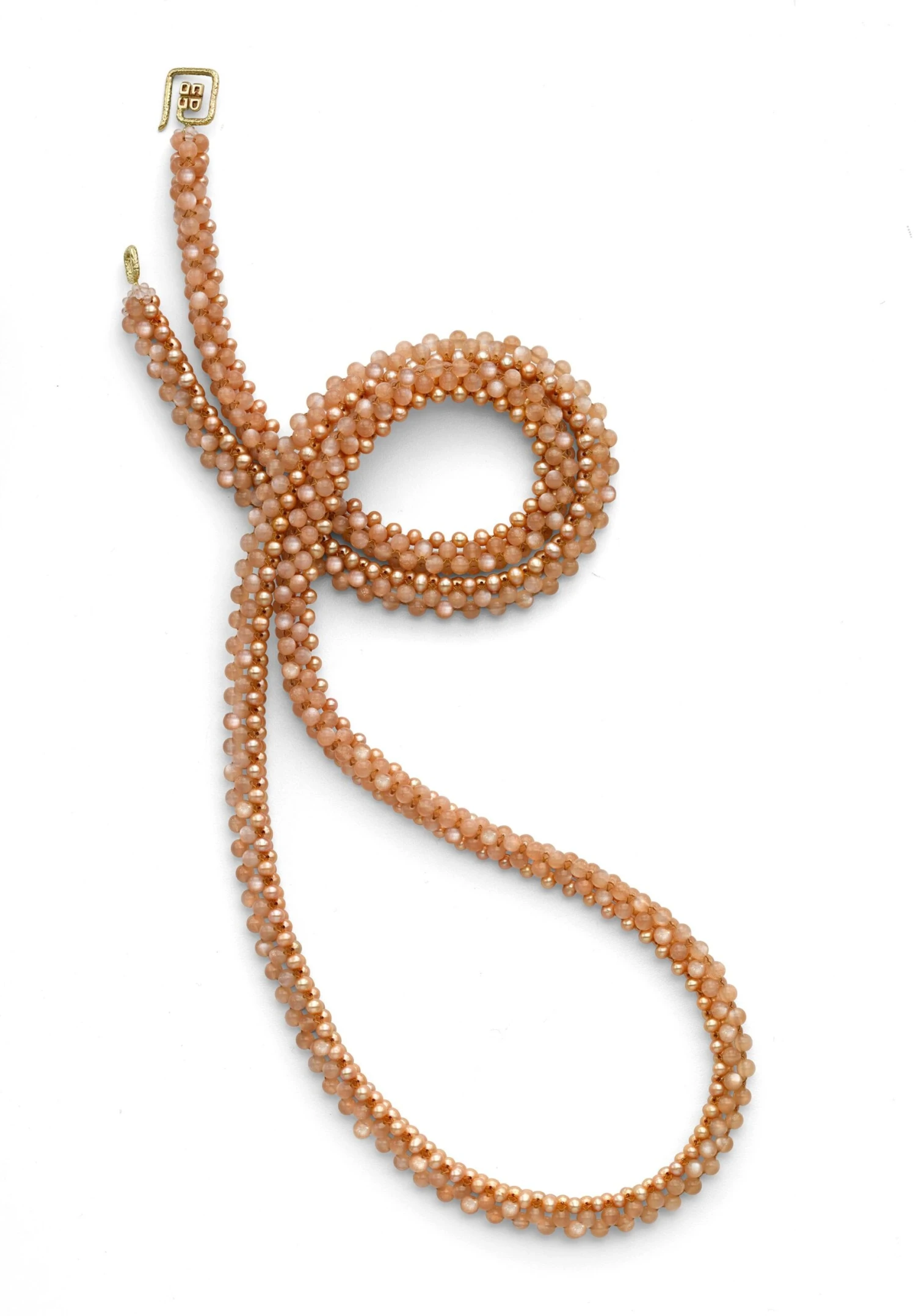 Long Beaded Rope Tassel Necklace In 18k Gold, Pink Pearls, And Peach Moonstone 4 Long Beaded Rope Tassel Necklace In 18k Gold, Pink Pearls, And Peach Moonstone – Image 2