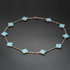 Van Cleef & Arpels Vintage Alhambra Turquoise Yellow Gold 10 Motif Necklace -Mode Bijouterie Magasin MTSJ13613 2 master