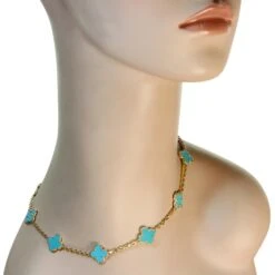Van Cleef & Arpels Vintage Alhambra Turquoise Yellow Gold 10 Motif Necklace -Mode Bijouterie Magasin MTSJ13613 4 master