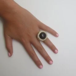 Smoky Quartz Cabochon & 2.33 Carats Diamond Pave 18k Yellow Bezel Dome Ring -Mode Bijouterie Magasin MX 109 B Hand 1 master