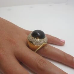 Smoky Quartz Cabochon & 2.33 Carats Diamond Pave 18k Yellow Bezel Dome Ring -Mode Bijouterie Magasin MX 109 B Hand 2 master