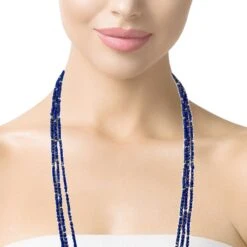 Faceted Lapis Bead Necklace With Yellow Gold Accents, 34 Inches -Mode Bijouterie Magasin NCK 1197 master