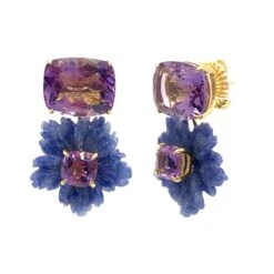 Stunning Cushion-cut Amethyst And Carved Dumortierite Flower Drop Earrings -Mode Bijouterie Magasin NE730 AMDMG 2 master