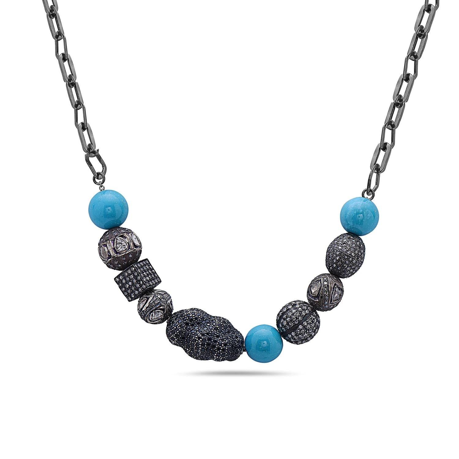 Spinel & Turquoise Beaded Ball Chain Necklace With Pave Diamonds Made In Silver 5 Spinel & Turquoise Beaded Ball Chain Necklace With Pave Diamonds Made In Silver – Image 3