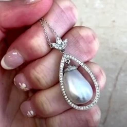 Unknown G&P Certified 13.52ct Old Euro-Cut Diamond Pearl Drop Pendant Necklace, Platinum -Mode Bijouterie Magasin New Project 4 master 1