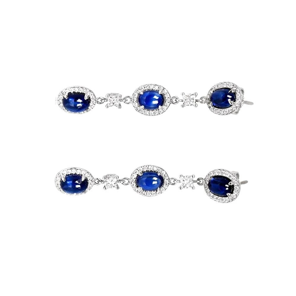 Unknown 7.70 Carat Cabochon Cut Sapphires Earrings, Diamond Halo, 18k White Gold 6 Unknown 7.70 Carat Cabochon Cut Sapphires Earrings, Diamond Halo, 18k White Gold – Image 4