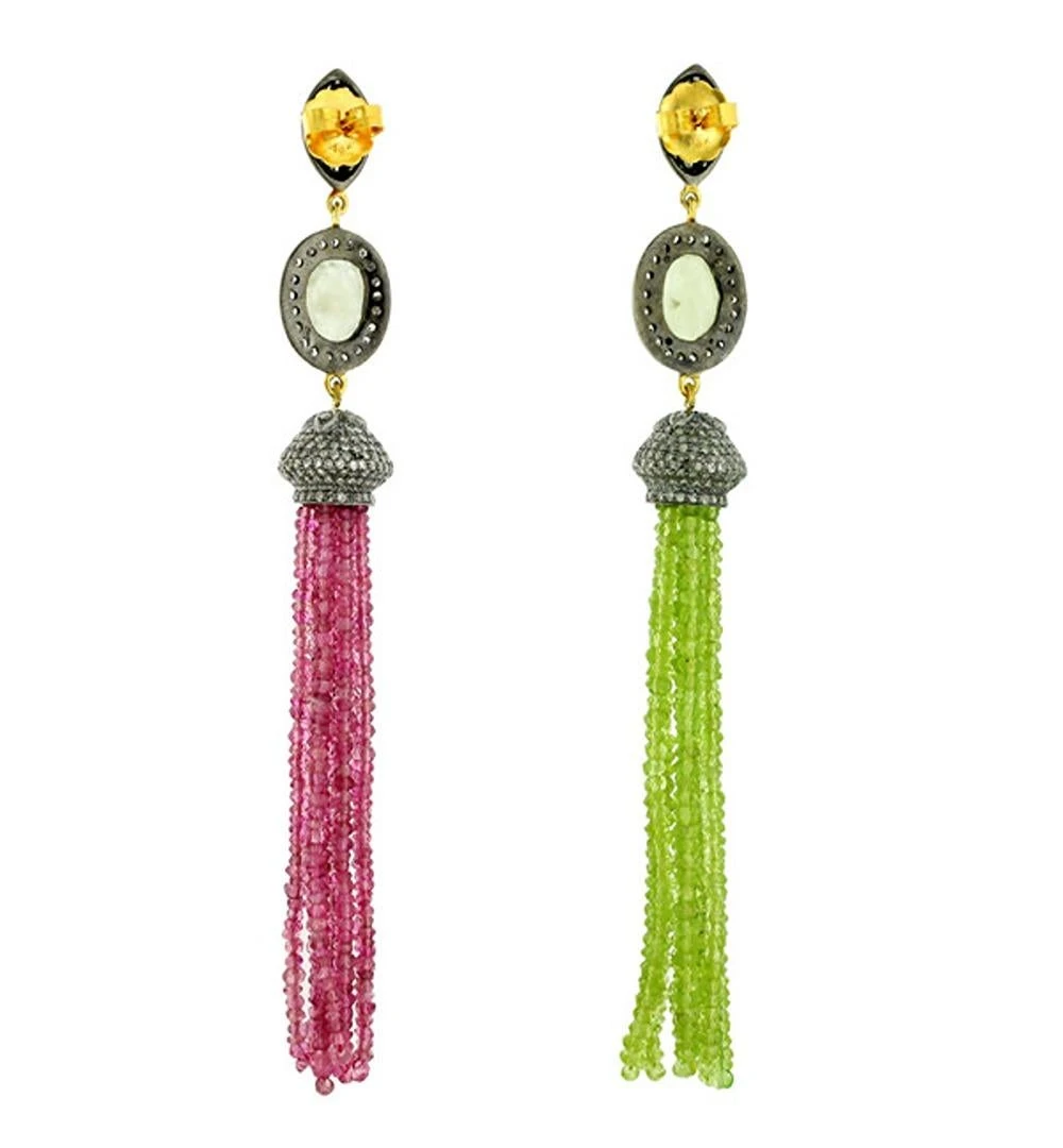 Peridot & Tourmaline Tassel Earrings With Oval Shaped Sapphire & Pave Diamonds 4 Peridot & Tourmaline Tassel Earrings With Oval Shaped Sapphire & Pave Diamonds – Image 2