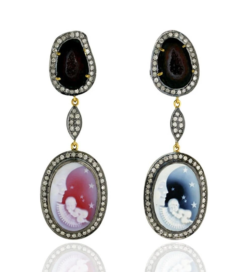 Two Tier Sliced Geode & Hand Carved Agate Dangle Earrings With Diamonds 6 Two Tier Sliced Geode & Hand Carved Agate Dangle Earrings With Diamonds – Image 4