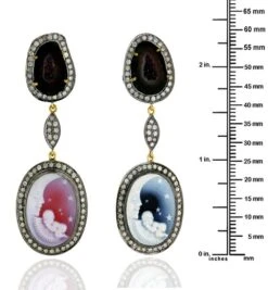 Two Tier Sliced Geode & Hand Carved Agate Dangle Earrings With Diamonds 8 Two Tier Sliced Geode & Hand Carved Agate Dangle Earrings With Diamonds -Mode Bijouterie Magasin OPS 4102 4 master