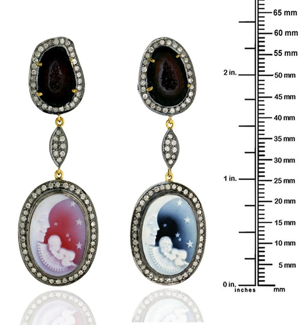 Two Tier Sliced Geode & Hand Carved Agate Dangle Earrings With Diamonds 5 Two Tier Sliced Geode & Hand Carved Agate Dangle Earrings With Diamonds – Image 3