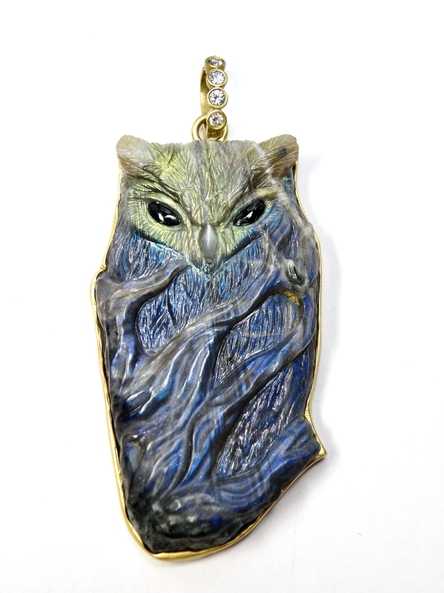 18K Spectrolite Hand Carved Owl 4 18K Spectrolite Hand Carved Owl – Image 2