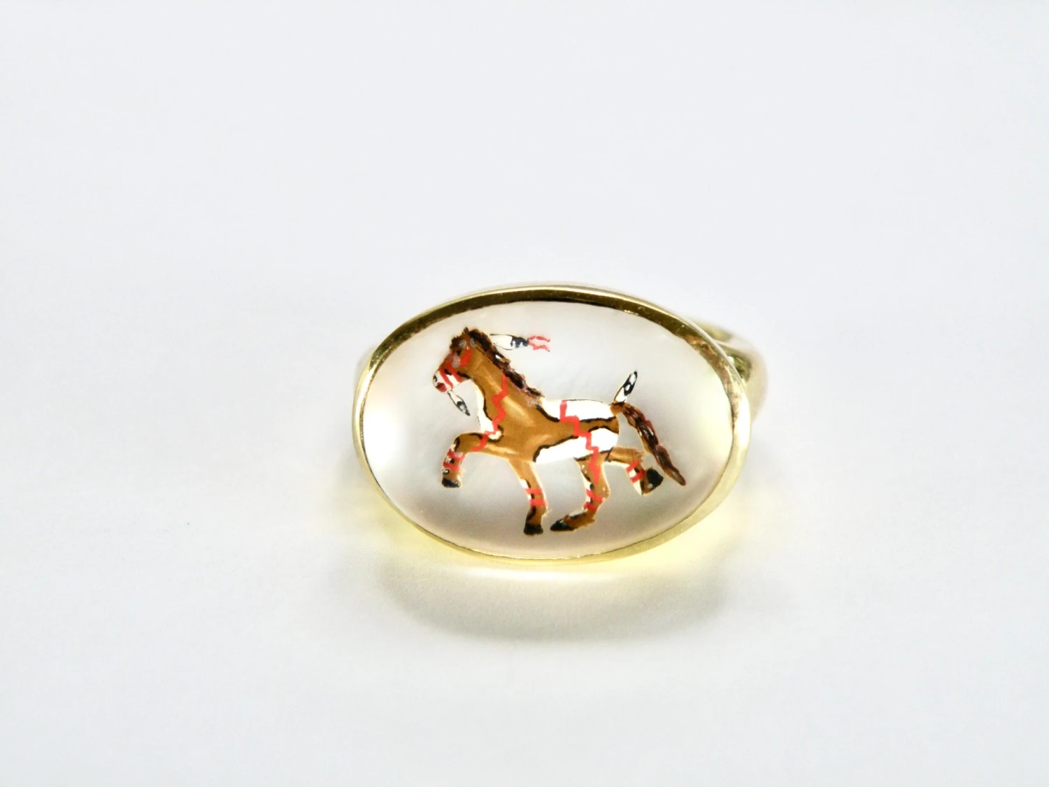18K Reverse Crystal Mother Of Pearl Hand Painted Brown War Pony Ring 4 18K Reverse Crystal Mother Of Pearl Hand Painted Brown War Pony Ring – Image 2