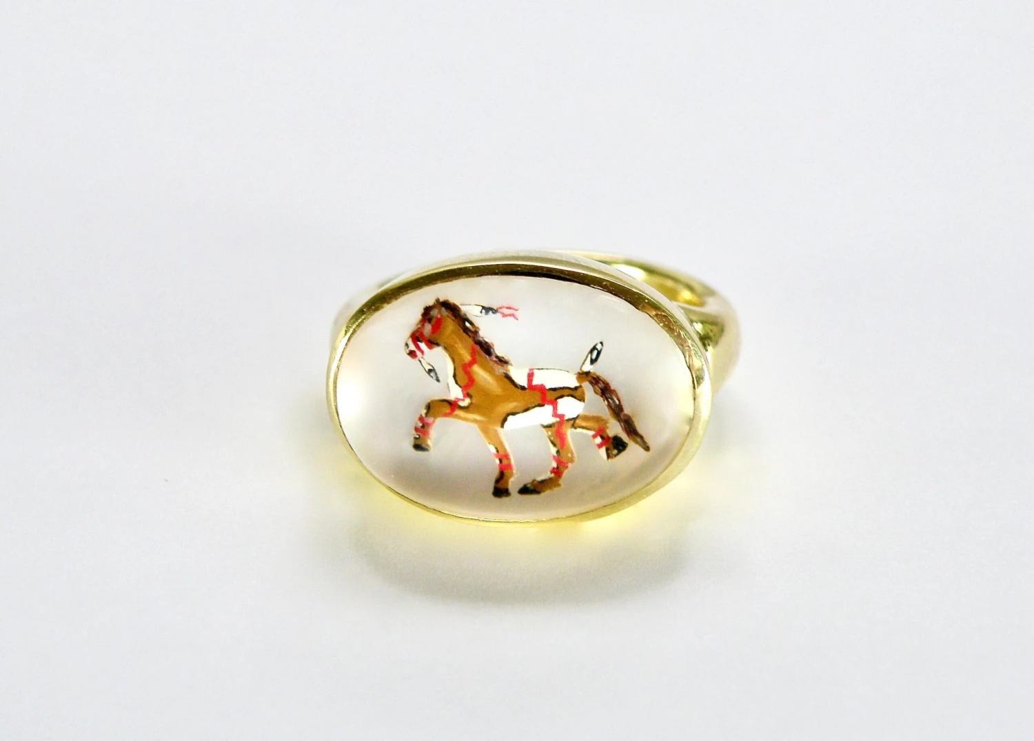 18K Reverse Crystal Mother Of Pearl Hand Painted Brown War Pony Ring 5 18K Reverse Crystal Mother Of Pearl Hand Painted Brown War Pony Ring – Image 3