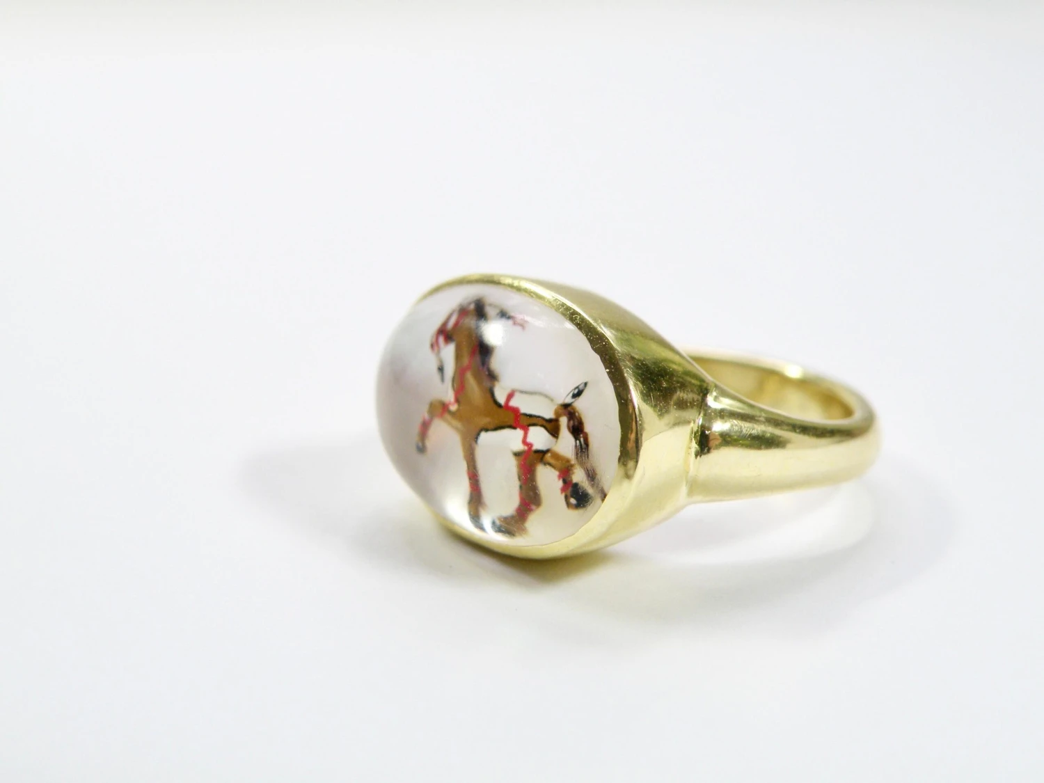 18K Reverse Crystal Mother Of Pearl Hand Painted Brown War Pony Ring 7 18K Reverse Crystal Mother Of Pearl Hand Painted Brown War Pony Ring – Image 5