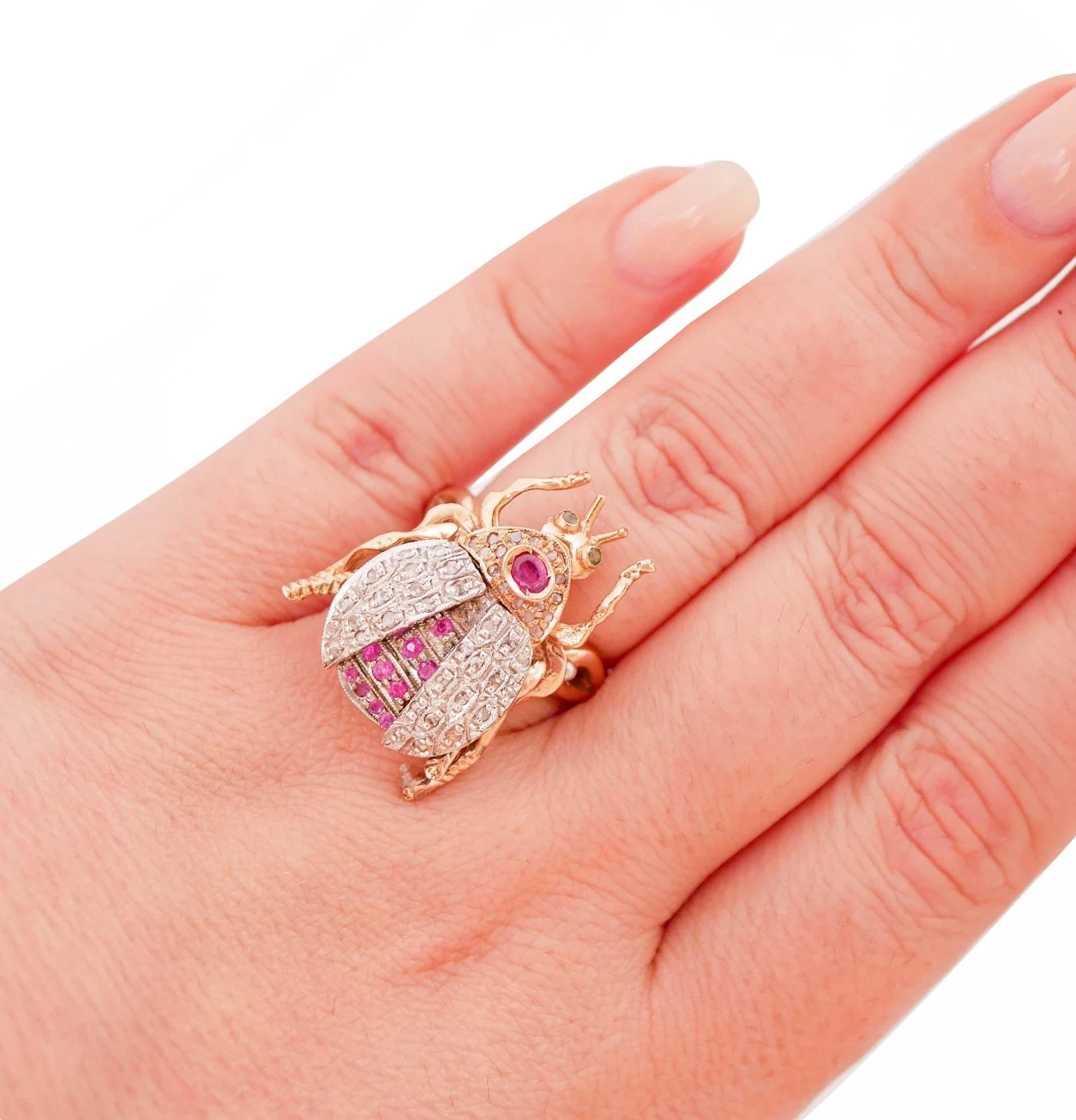 Unknown Rubies, Tsavorite, Diamonds, Rose Gold And Silver Beetle Ring 7 Unknown Rubies, Tsavorite, Diamonds, Rose Gold And Silver Beetle Ring – Image 5