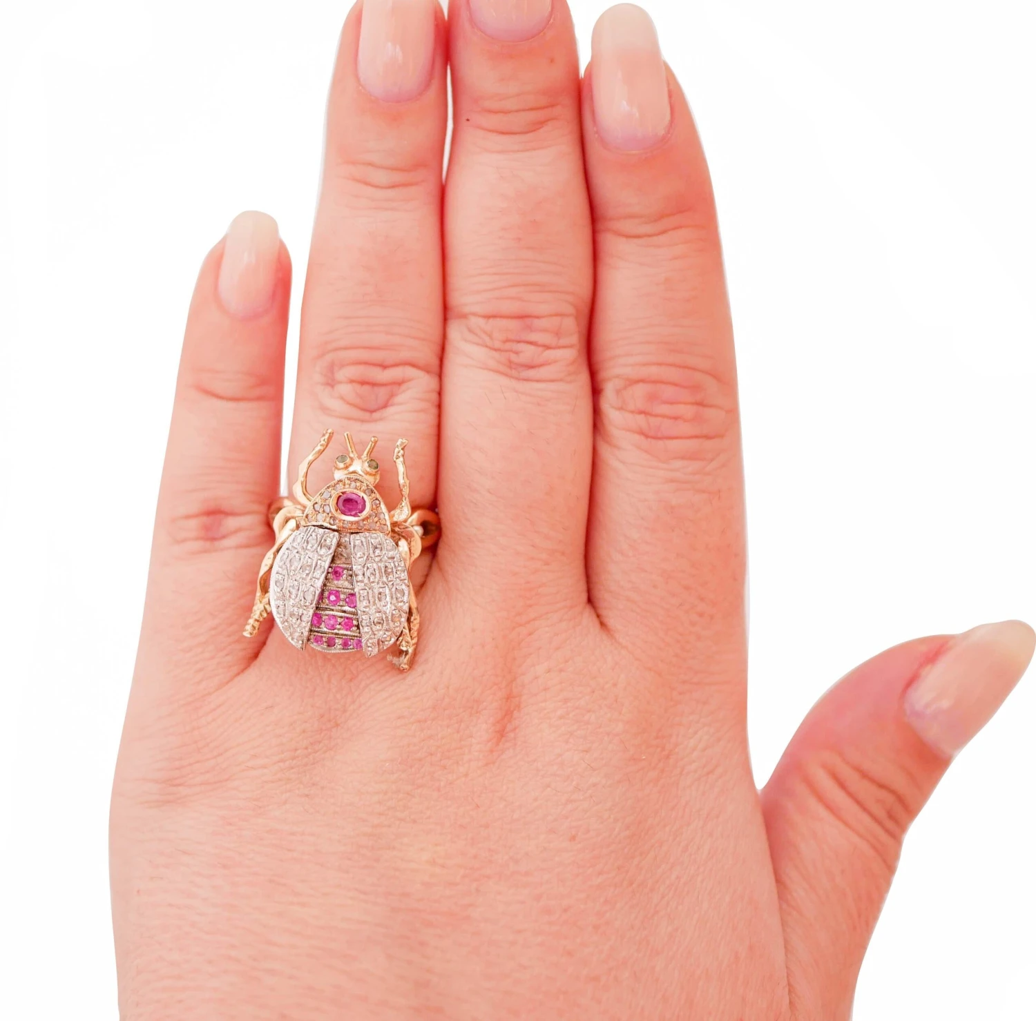 Unknown Rubies, Tsavorite, Diamonds, Rose Gold And Silver Beetle Ring 6 Unknown Rubies, Tsavorite, Diamonds, Rose Gold And Silver Beetle Ring – Image 4