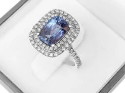 NO RESERVE - No Heat 4.07ct Sapphire & 0.80ct Diamonds Halo, 18K White Gold Ring -Mode Bijouterie Magasin PXL 20230427 085337873 master