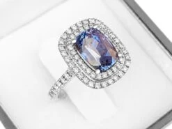 NO RESERVE - No Heat 4.07ct Sapphire & 0.80ct Diamonds Halo, 18K White Gold Ring -Mode Bijouterie Magasin PXL 20230427 085352878 master