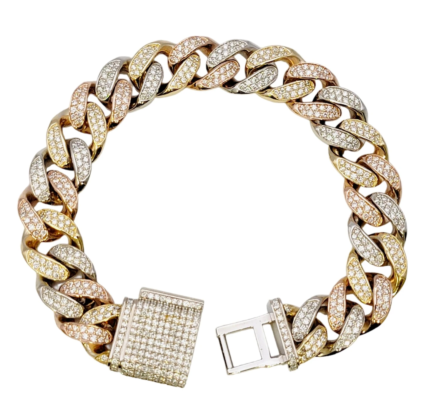 Unknown Tri-Tone Unisex Cuban Link Pave Diamond Bracelet In 14 Karat Gold 6 Unknown Tri-Tone Unisex Cuban Link Pave Diamond Bracelet In 14 Karat Gold – Image 4