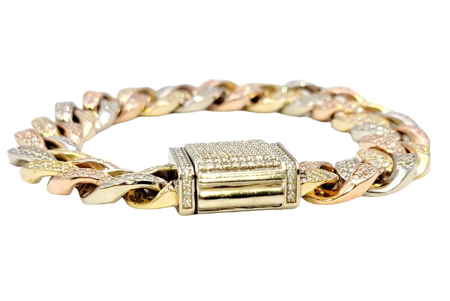 Unknown Tri-Tone Unisex Cuban Link Pave Diamond Bracelet In 14 Karat Gold 9 Unknown Tri-Tone Unisex Cuban Link Pave Diamond Bracelet In 14 Karat Gold – Image 7