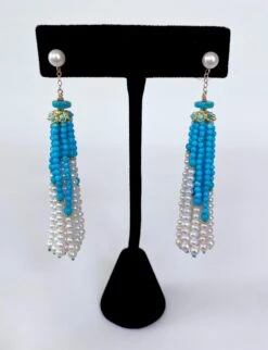 Marina J. Turquoise, Pearl & Solid 14k Yellow Gold Tassel Earrings -Mode Bijouterie Magasin Pturq2 master