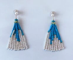 Marina J. Turquoise, Pearl & Solid 14k Yellow Gold Tassel Earrings -Mode Bijouterie Magasin Pturq4 master