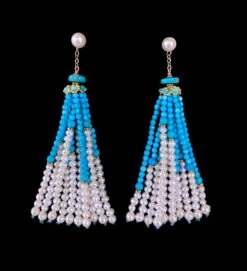 Marina J. Turquoise, Pearl & Solid 14k Yellow Gold Tassel Earrings -Mode Bijouterie Magasin Pturq5 master