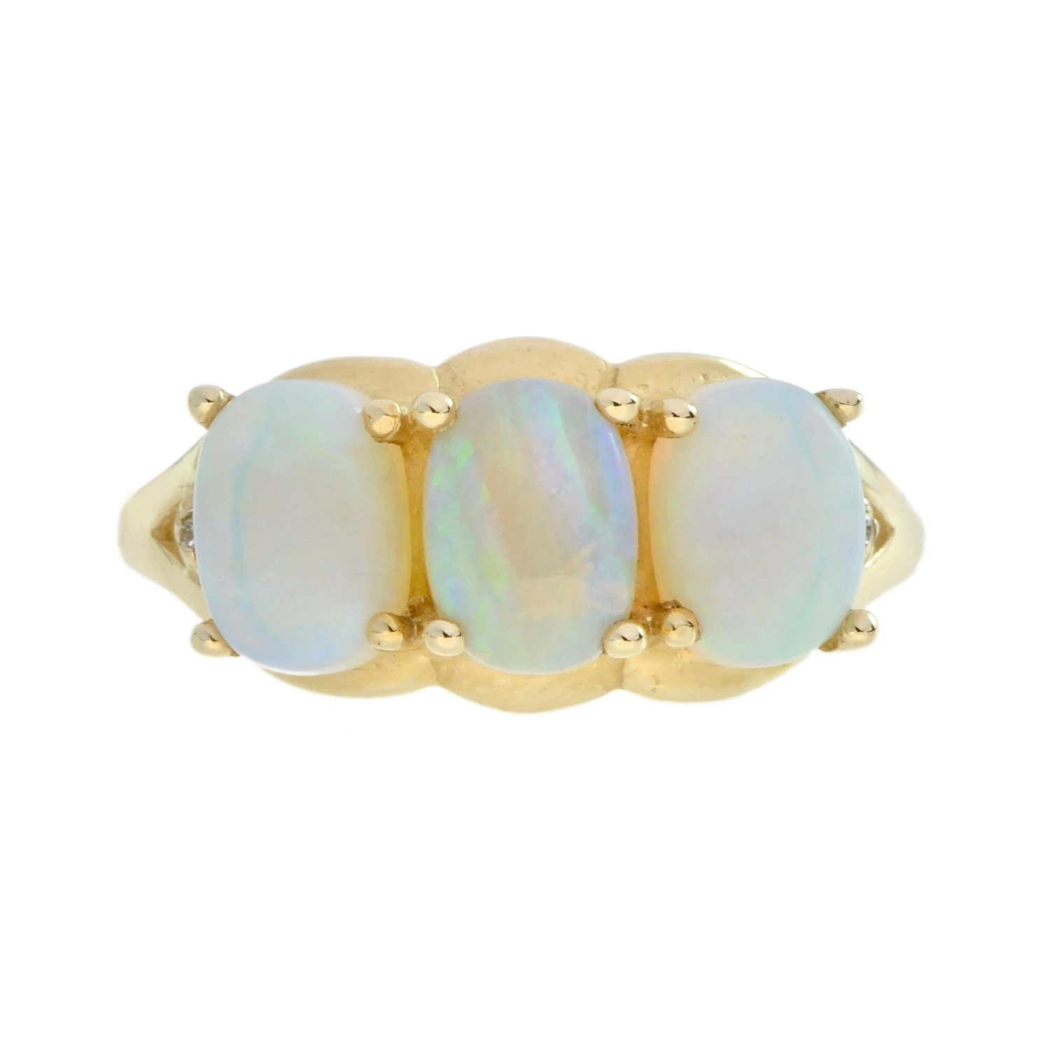 Unknown Natural Opal And Diamond Three Stone Ring In 9K Yellow Gold 4 Unknown Natural Opal And Diamond Three Stone Ring In 9K Yellow Gold – Image 2