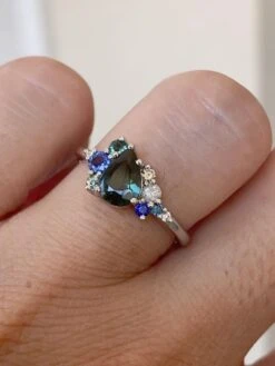 1.07ct Nigerian Teal Sapphire Diamond Cluster Engagement Ring 14K White Gold -Mode Bijouterie Magasin R6606 12 master