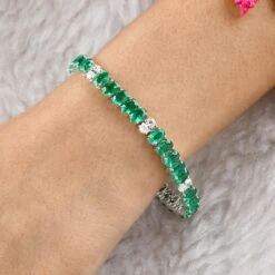 Oval Shape Natural Emerald Gemstone Bracelet Diamond 14 Karat White Gold Jewelry -Mode Bijouterie Magasin SEBR 42216 4 master