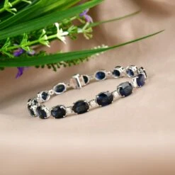 Oval Blue Sapphire Gemstone Charm Bracelet Diamond 14 Karat White Gold Jewelry -Mode Bijouterie Magasin SEBR 43143 4 master