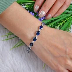 Oval Blue Sapphire Gemstone Charm Bracelet Diamond 14 Karat White Gold Jewelry -Mode Bijouterie Magasin SEBR 43143 5 master