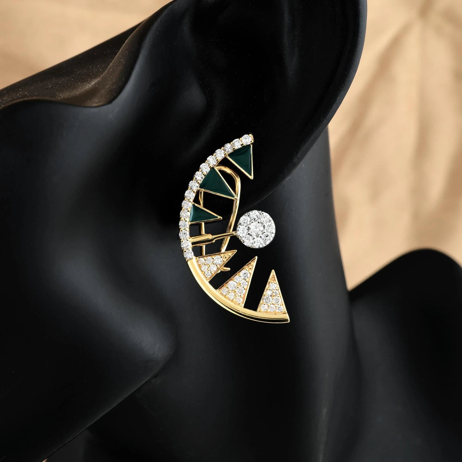 1.91ct Diamond Half Moon Black Enamel Ear Climber Earrings 14 Karat Yellow Gold 4 1.91ct Diamond Half Moon Black Enamel Ear Climber Earrings 14 Karat Yellow Gold – Image 2