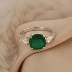 Zambian Emerald Cocktail Ring Pear Diamond Solid 14k White Gold Handmade Jewelry -Mode Bijouterie Magasin SER 21324A master