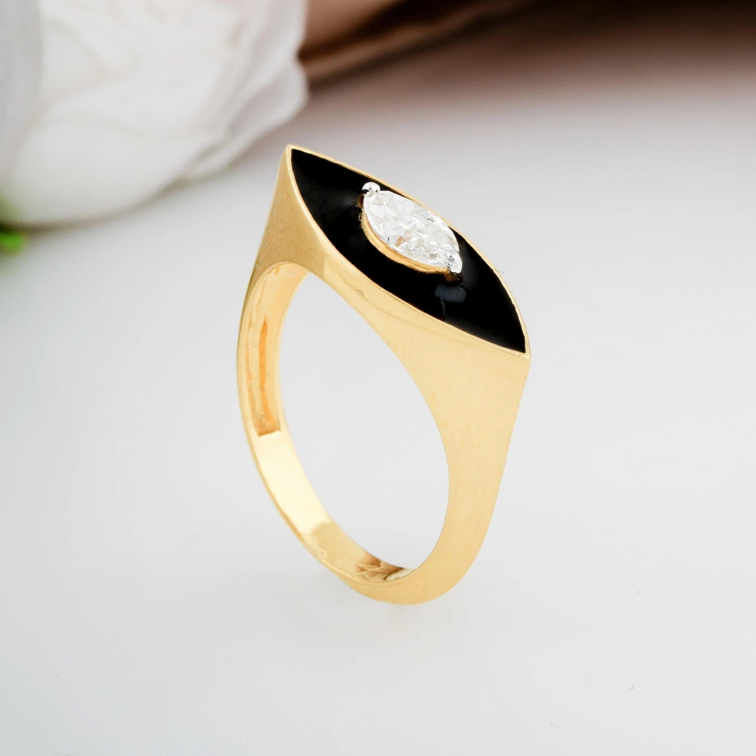 0.45 Carat Solitaire Diamond Evil Eye Ring 14k Yellow Gold Black Enamel Jewelry 6 0.45 Carat Solitaire Diamond Evil Eye Ring 14k Yellow Gold Black Enamel Jewelry – Image 4